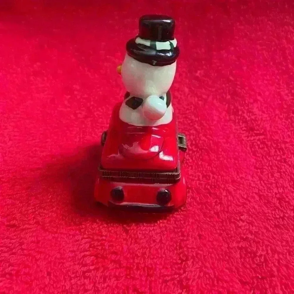 Two Vintage Christmas Porcelain Hinged Trinket Boxes Snowman and Sleigh NIB